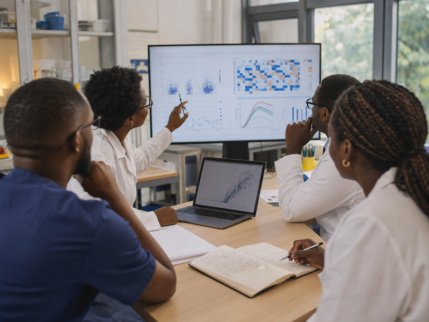 Équipe de recherche biomédicale analysant collectivement des données scientifiques