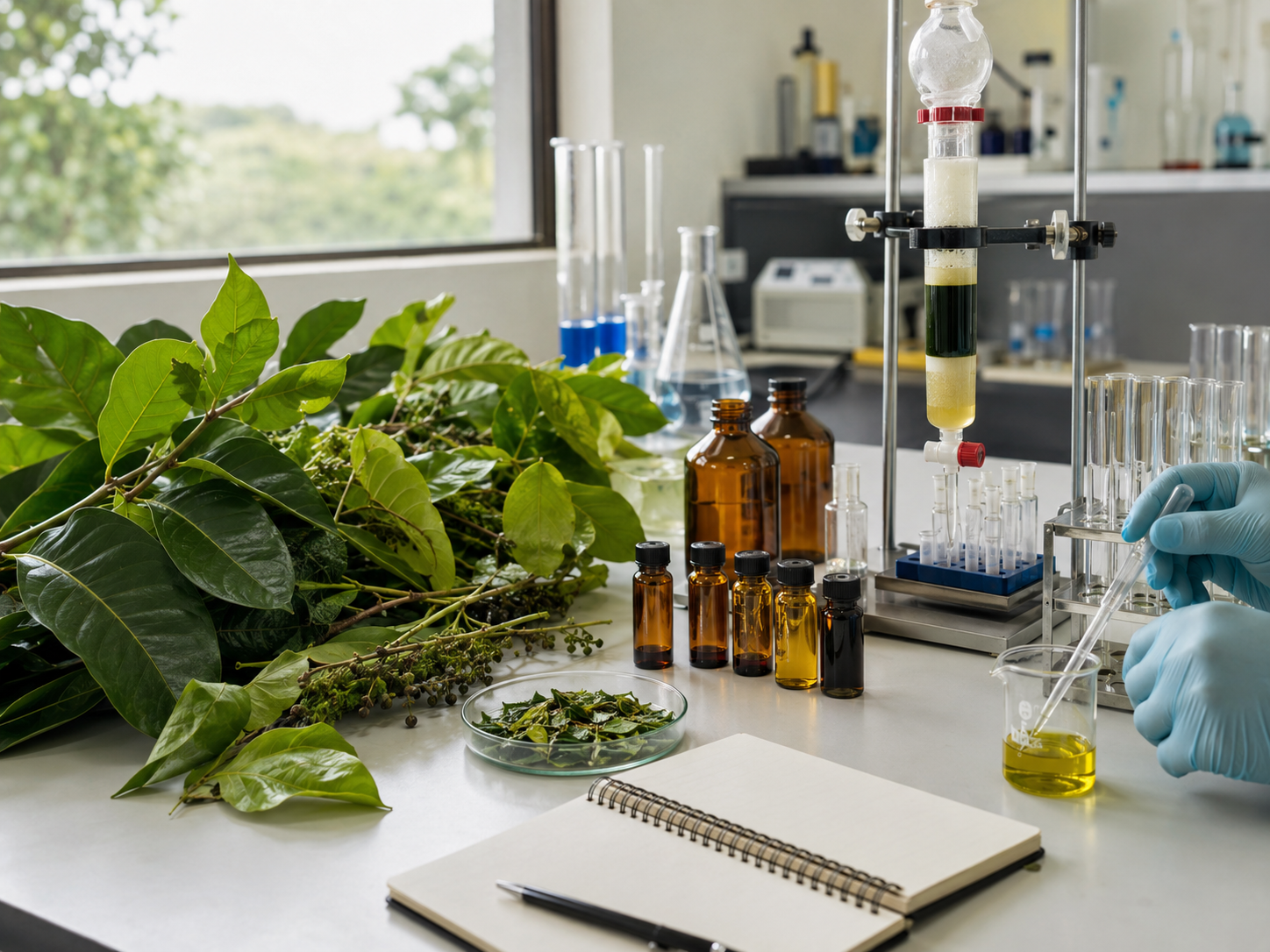 Plantes médicinales, extraits et verrerie sur une paillasse de laboratoire